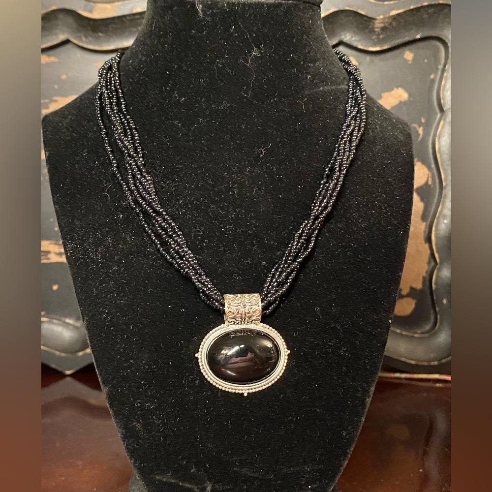 3/$15 Black and Silver Cabachon Pendant and Black Seed Beads Necklace